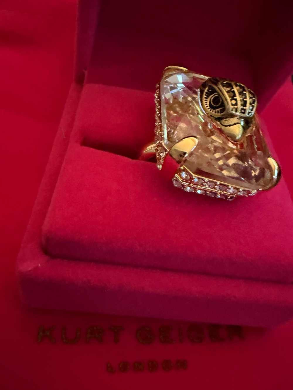 Kurt Geiger Gold Eagle Head Crystal Statement Ring - Clear